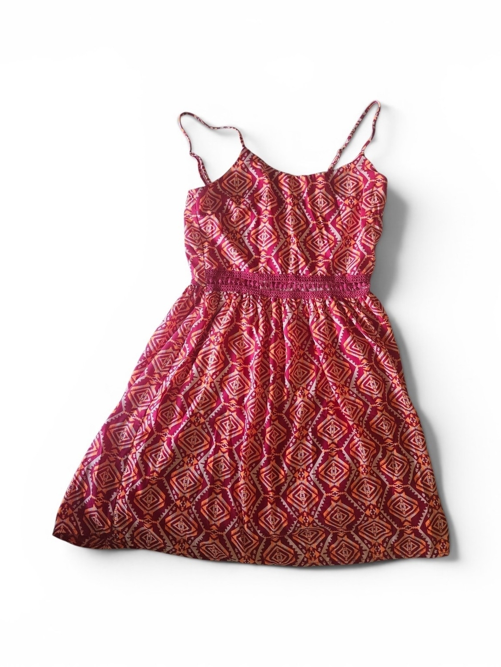 Boho Geometric Aztec Print Sundress Crochet Lace Waist Spaghetti Strap Dress